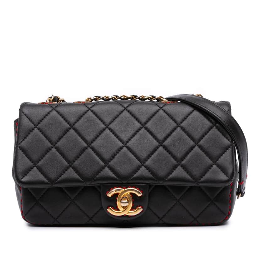 Chanel CC Quilted Lambskin Contrast Stitch Single Flap Black Leather Good condition - Front View