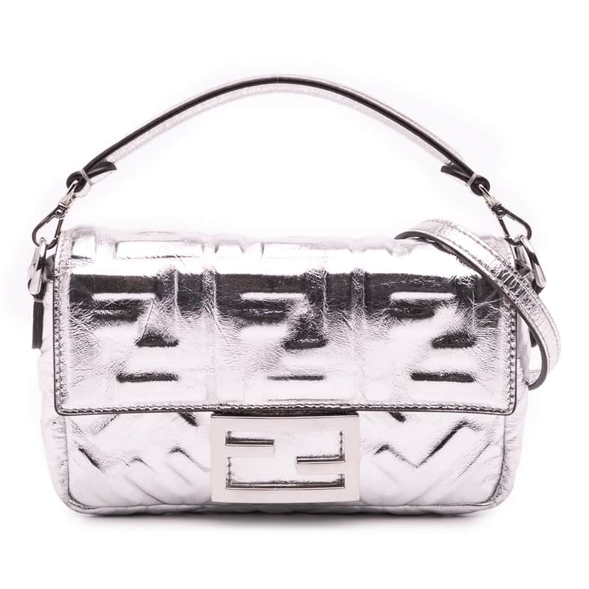 Fendi Mini Zucca Embossed Metallic Leather Baguette Satchel Silver Leather Good condition - Front View