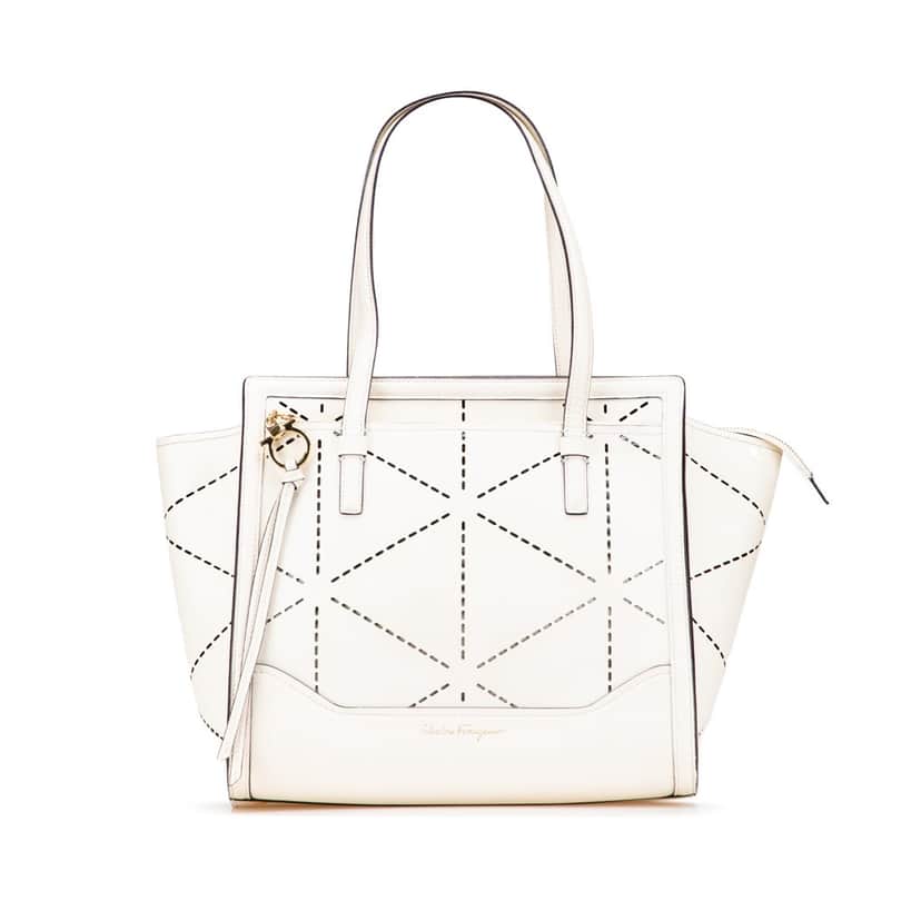 Salvatore Ferragamo Medium Perforated Leather Amy Tote White Leather Good condition - Front View