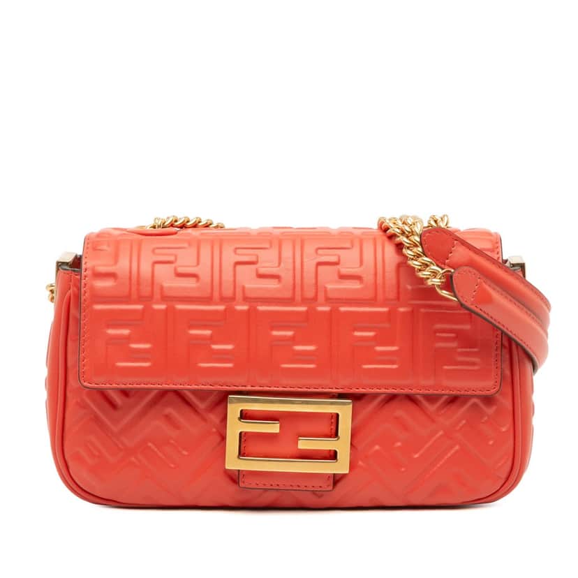 Fendi Zucca Embossed Leather Chain Midi Baguette Orange Leather Good condition - Front View