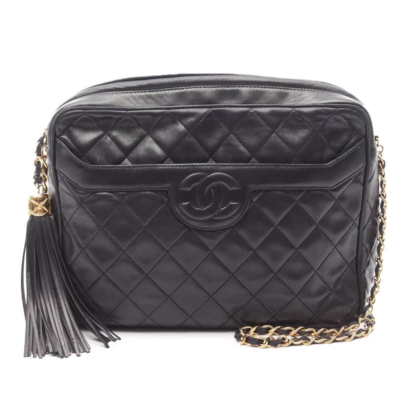 Chanel Medium CC Quilted Lambskin Tassel Camera Bag Black Leather Good condition - Front View