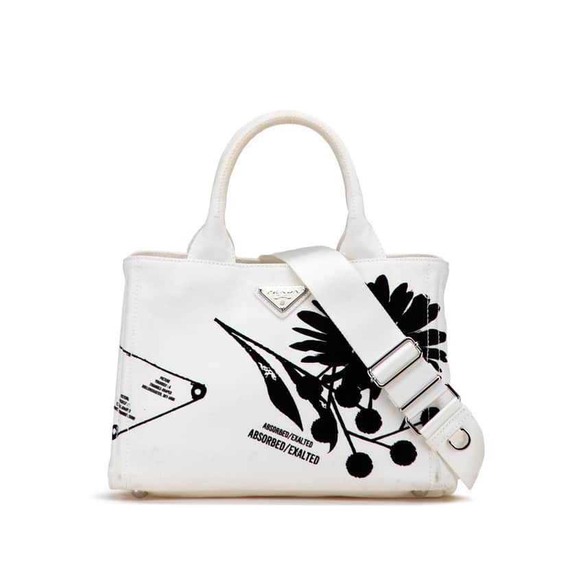 Prada Small Canvas Canapa Floral And Symbols Satchel White Canvas Good condition - Front View