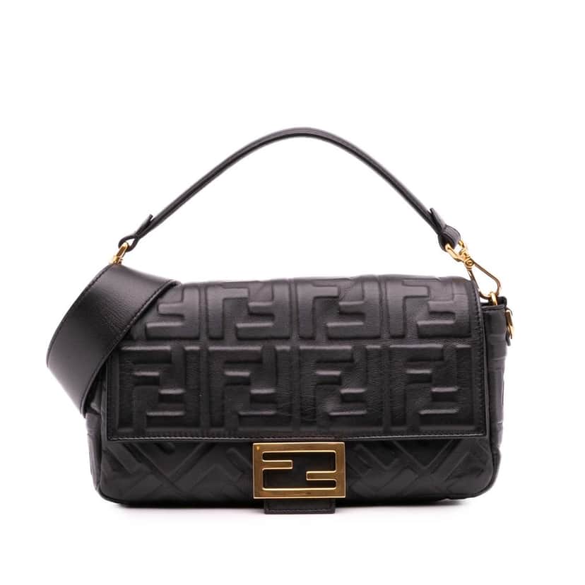 Fendi Zucca Embossed Leather Baguette Satchel Black Leather Good condition - Front View