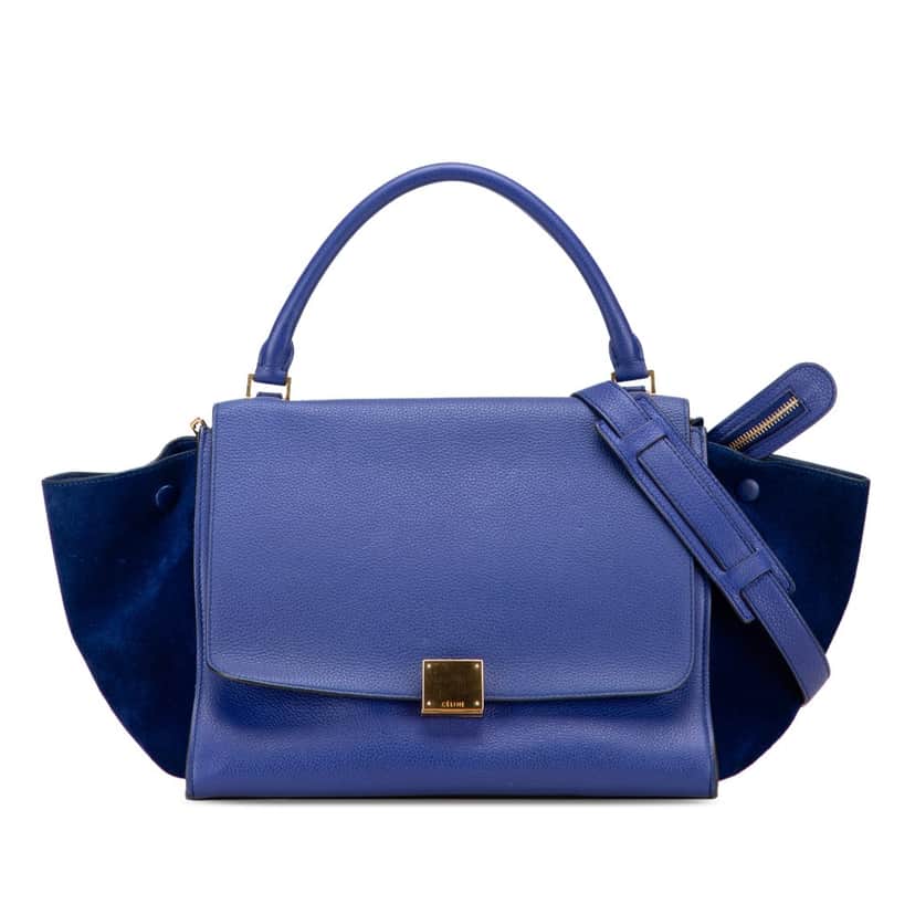 Celine Small Drummed Calfskin and Suede Trapeze Satchel Blue Leather Good condition - Front View