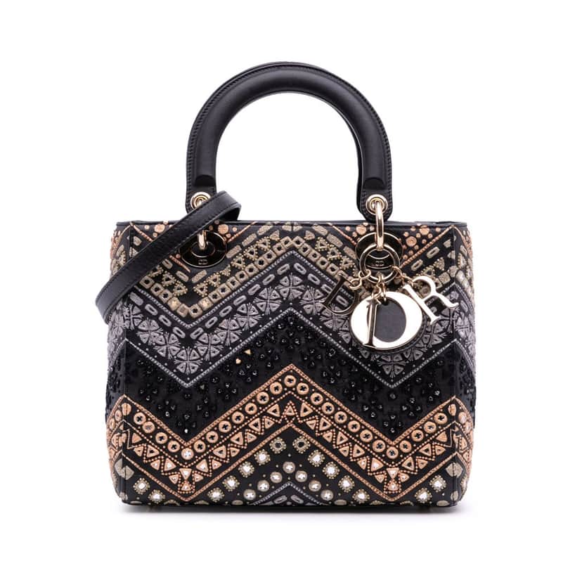 Dior Medium Calfskin Embroidered Animals Lady Dior Black Leather Good condition - Front View