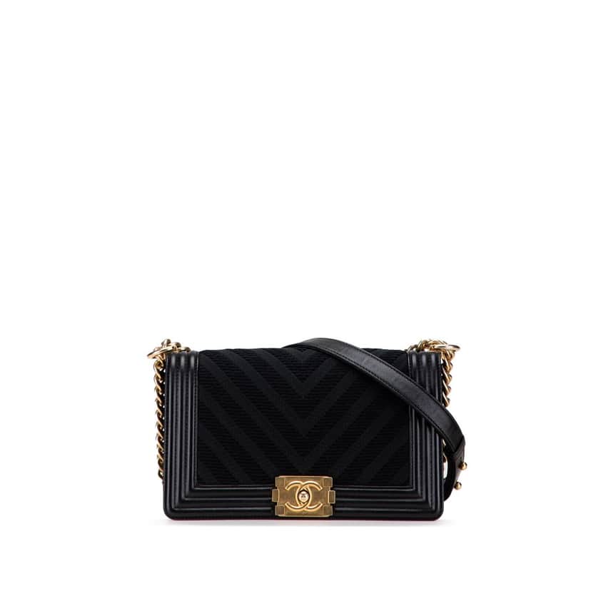 Chanel Old Medium Braided Chevron Cotton and Lambskin Boy Flap Black Cotton Good condition - Front View