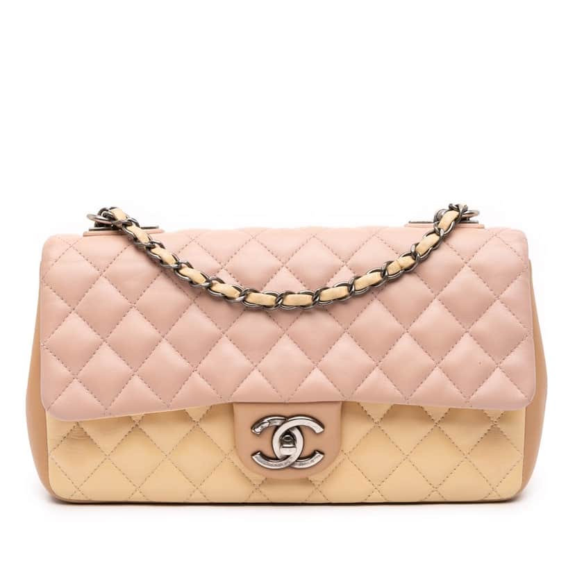 Chanel Medium Classic Tricolor Lambskin Single Flap Pink Leather Fair condition - Front View