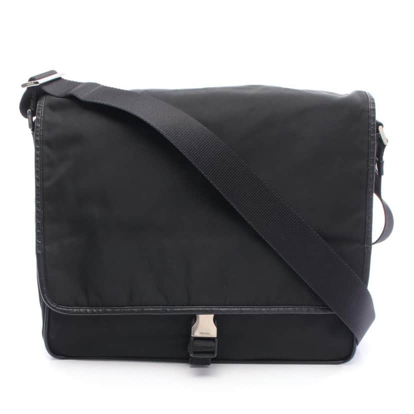 Prada Saffiano Trimmed Tessuto Buckle Messenger Bag Black Good condition - Front View