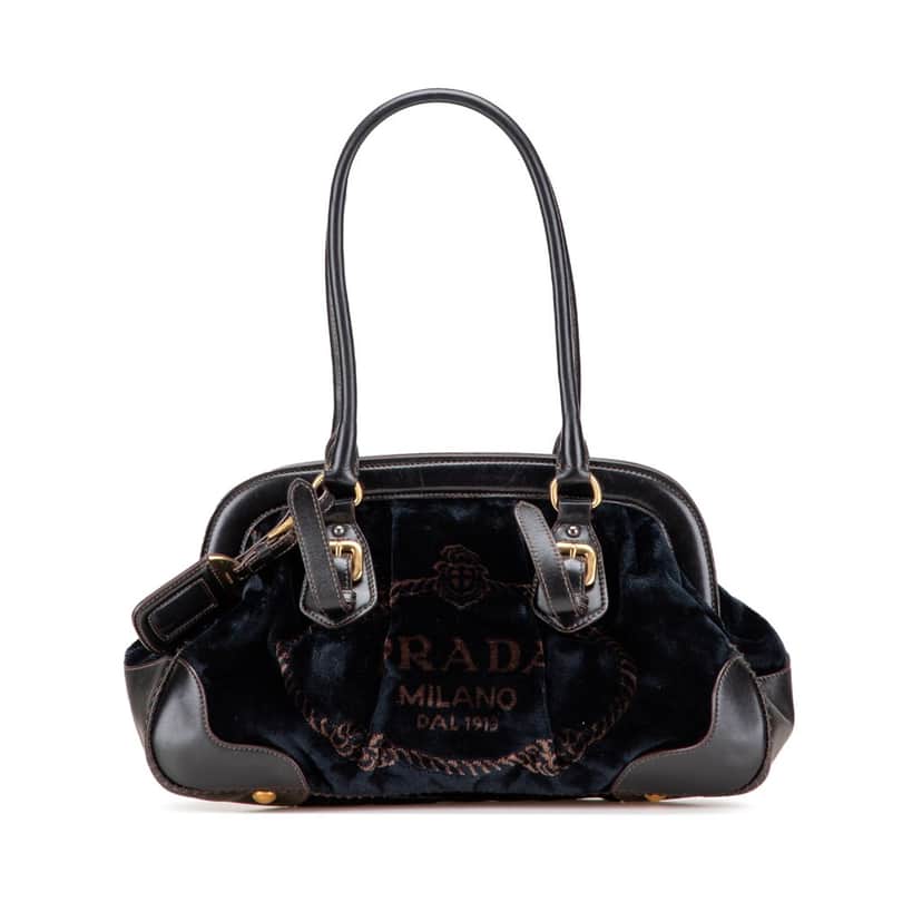 Prada Velvet Logo Frame Shoulder Bag Black Velvet Good condition - Front View