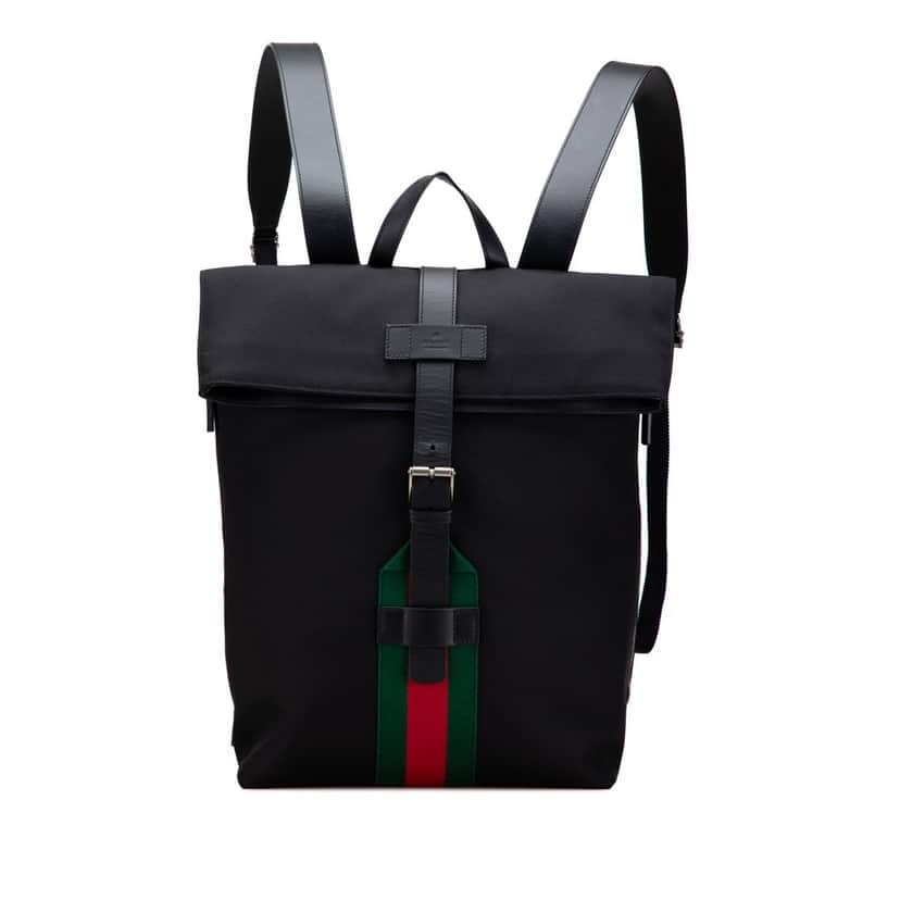 Gucci Canvas Techno Web Fold Over Backpack Black Canvas Good condition - Front View