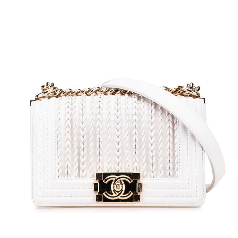 Chanel Small Lambskin Embroidered Boy Flap White Leather Good condition - Front View