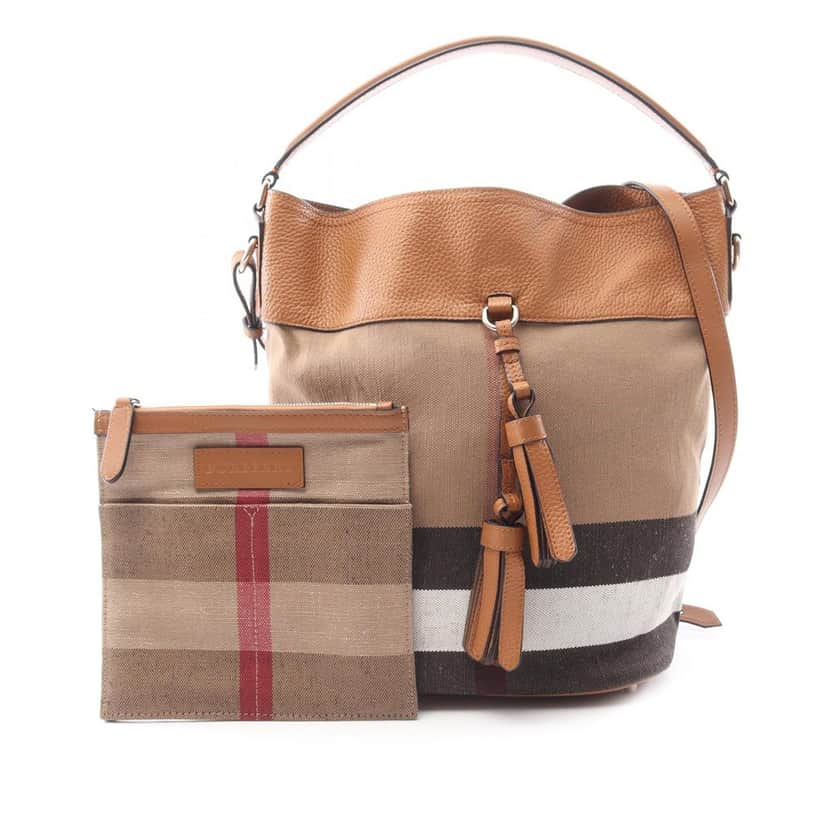 Burberry Medium Mega Check Canvas and Grained Calfskin Ashby Tassel Bucket Bag Brown Canvas Good condition - Front View
