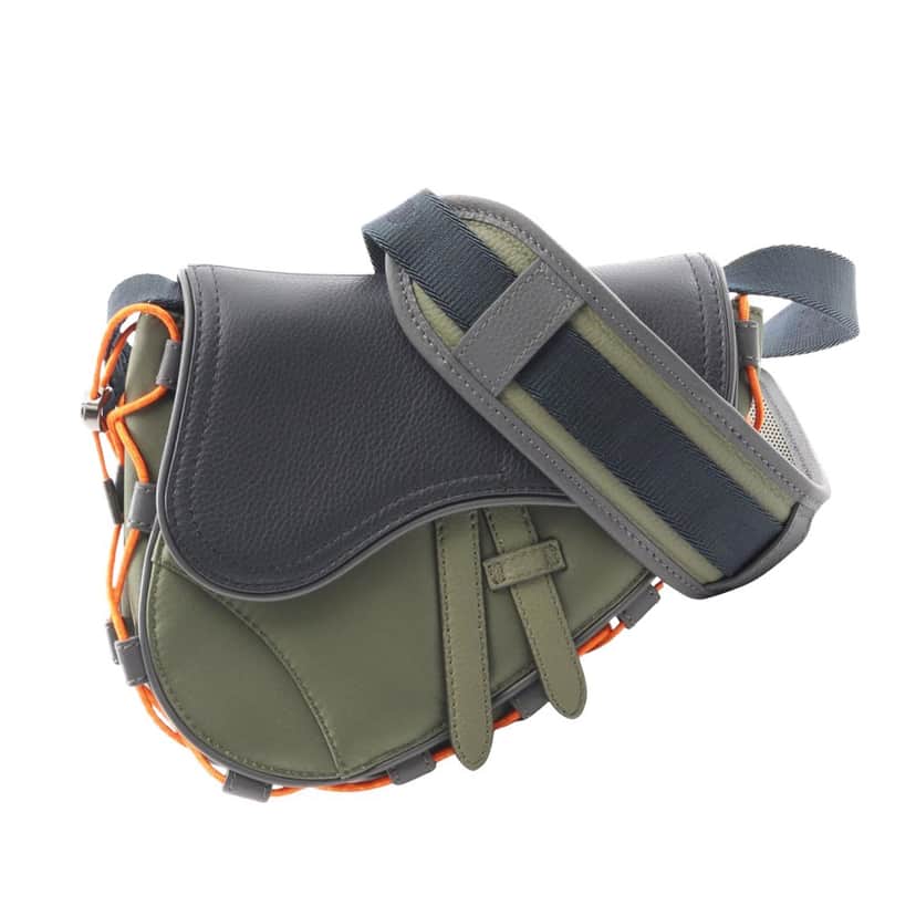 Dior Sacai Technical Fabric and Grained Calfskin Saddle Bag Green Good condition - Front View