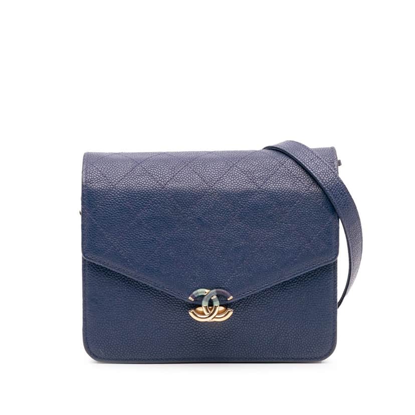 Chanel Square Quilted Grained Calfskin Cuba Thread Around Wallet On Chain Blue Leather Good condition - Front View