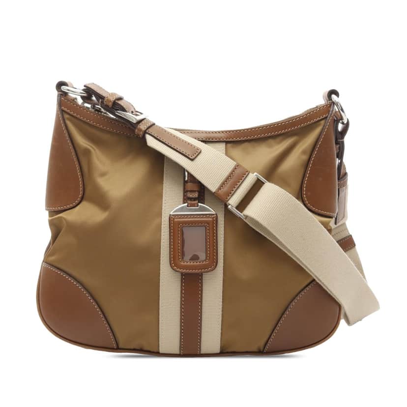 Prada Leather Trimmed Tessuto Stripe Crossbody Brown Good condition - Front View