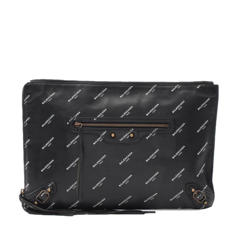 Balenciaga Lambskin Motocross Logo Print Classic Clutch Black Leather Good condition - Front View