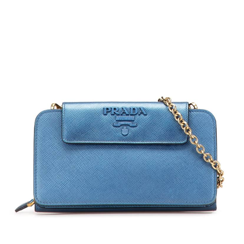 Prada Saffiano Metal Oral Phone Wallet on Chain Blue Leather Good condition - Front View