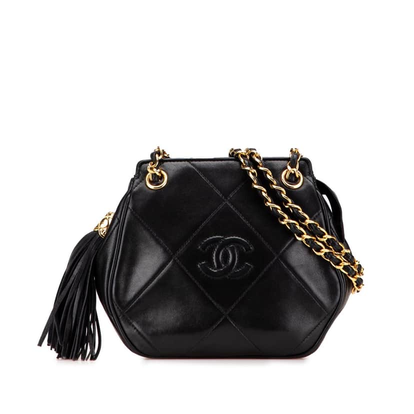 Chanel CC Quilted Lambskin Tassel Crossbody Black Leather Good condition - Front View