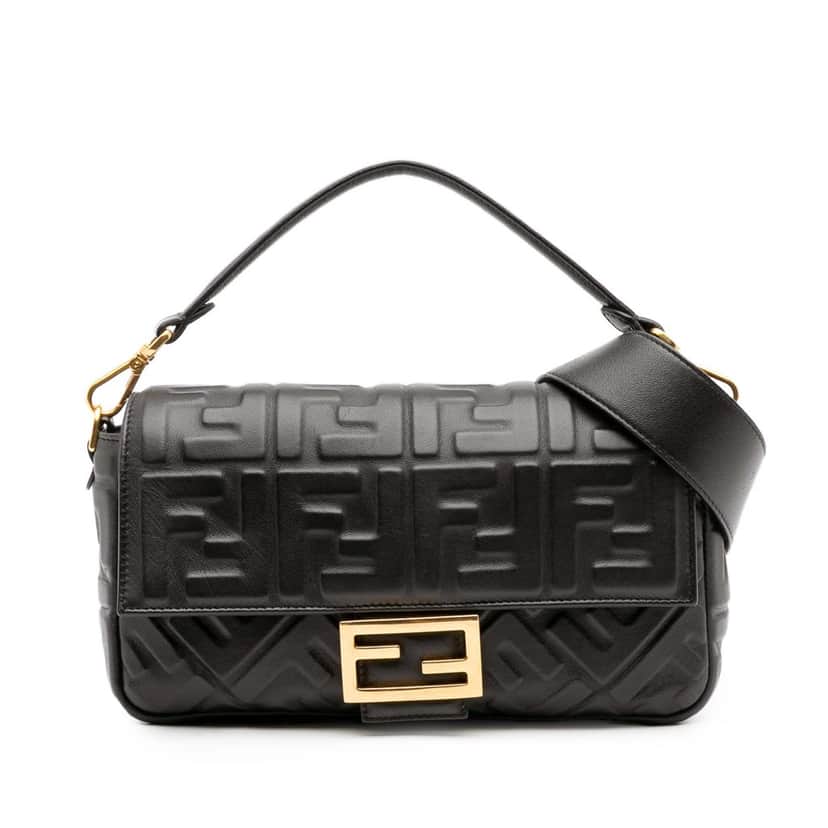 Fendi Zucca Embossed Leather Baguette Satchel Black Leather Good condition - Front View