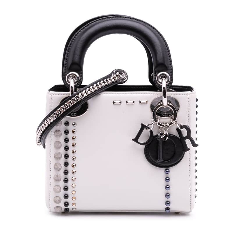Dior Mini Studded Lambskin Crystal Pearl Lady Dior White Leather Good condition - Front View