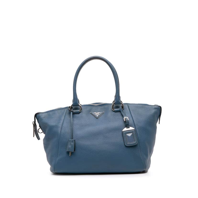 Prada Vitello Daino Double Handle Satchel Blue Leather Good condition - Front View
