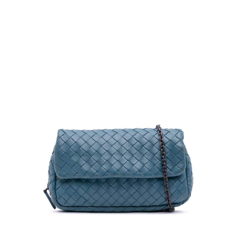 Bottega Veneta Mini Nappa Intrecciato Expandable Chain Crossbody Blue Leather Good condition - Front View