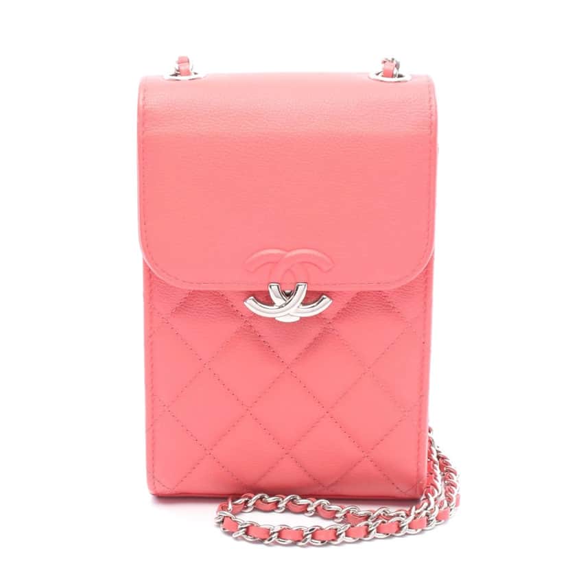 Chanel CC Quilted Caviar Phone Holder with Chain Pink Leather Good condition - Front View