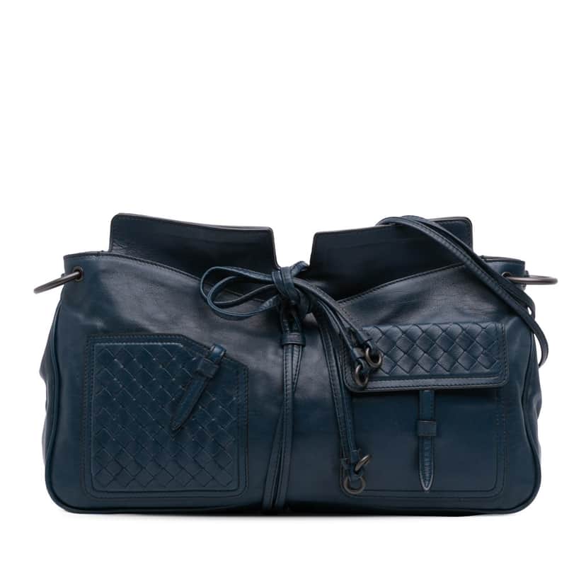 Bottega Veneta Intrecciato Trimmed Nappa Crossbody Blue Leather Good condition - Front View