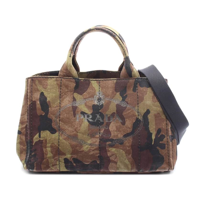 Prada Canvas Canapa Logo Camouflage Satchel Brown Canvas Good condition - Front View