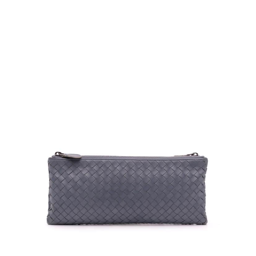 Bottega Veneta Nappa Intrecciato Double Zip Clutch Blue Leather Good condition - Front View