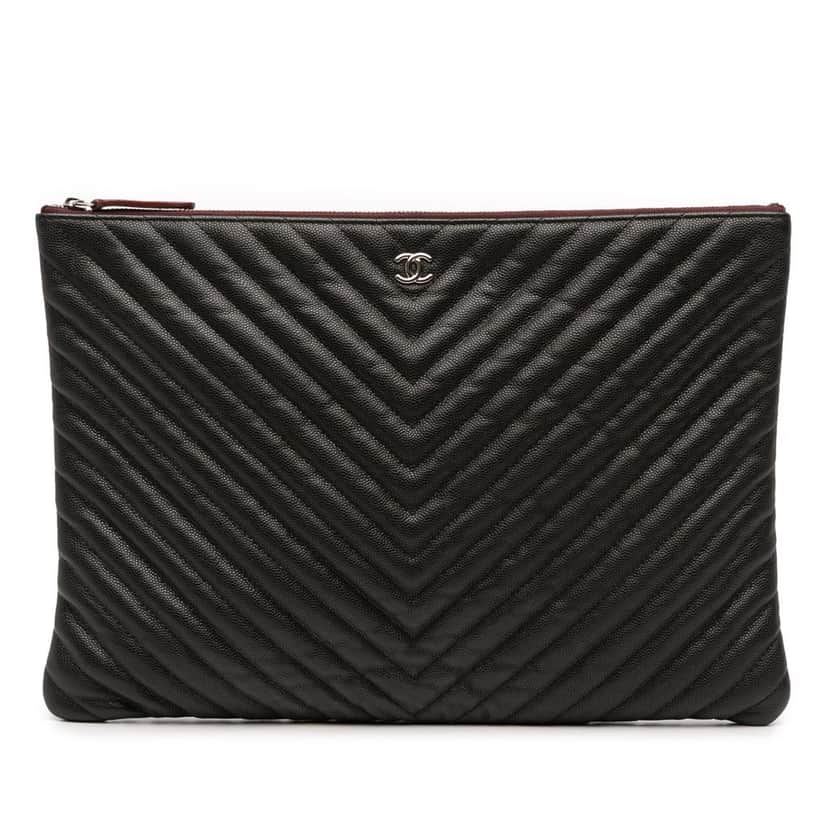 Chanel Large Chevron Caviar O Case Clutch Black Leather Good condition - Front View