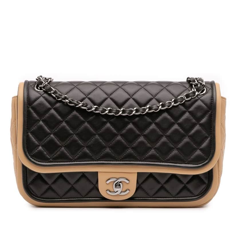 Chanel Jumbo Classic Bicolor Lambskin Twist Flap Black Leather Good condition - Front View