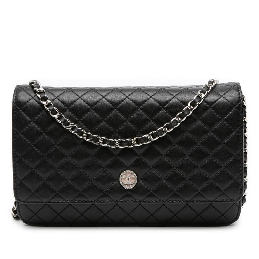 Chanel Microquilted Lambskin Wallet On Chain Black Leather Good condition - Front View