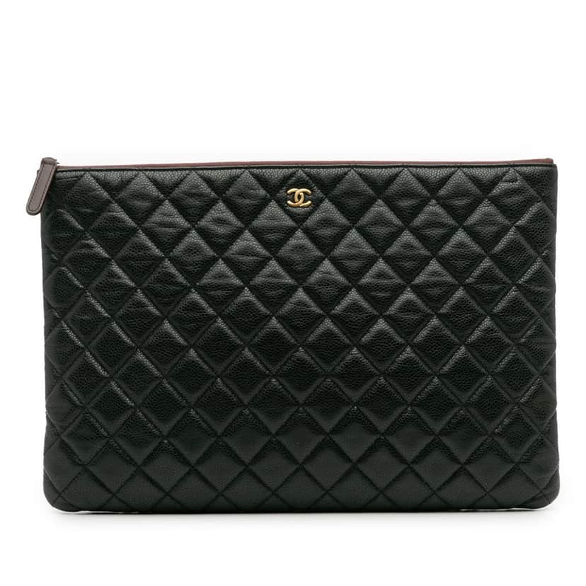 Chanel Large Quilted Caviar O Case Clutch Black Leather Good condition - Front View