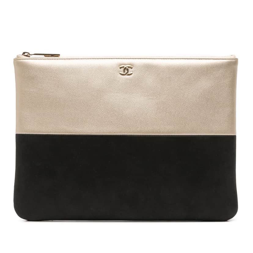 Chanel Medium Bicolor Caviar and Iridescent Calfskin O Case Clutch Gold Leather Good condition - Front View