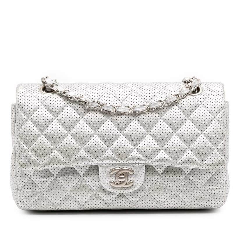 Chanel Medium Classic Perforated Lambskin Double Flap Silver Leather Good condition - Front View