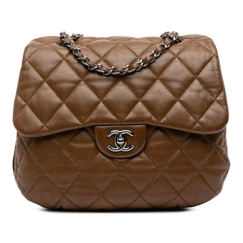 Chanel CC Quilted Lambskin 3 Flap Brown Leather Good condition - Front View