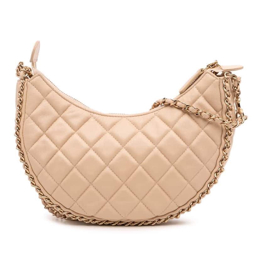 Chanel Small Quilted Lambskin Chain Around Hook Hobo Bag White Leather Good condition - Front View