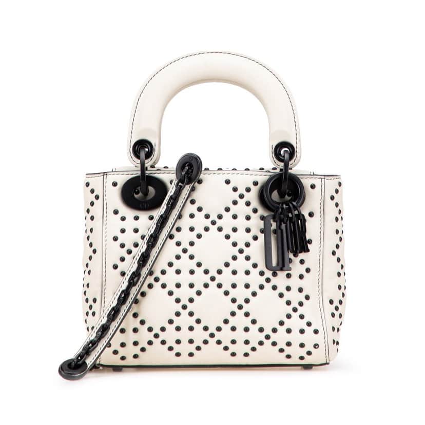 Dior Mini Ultra Matte Calfskin Cannage Studded Supple Lady Dior White Leather Good condition - Front View