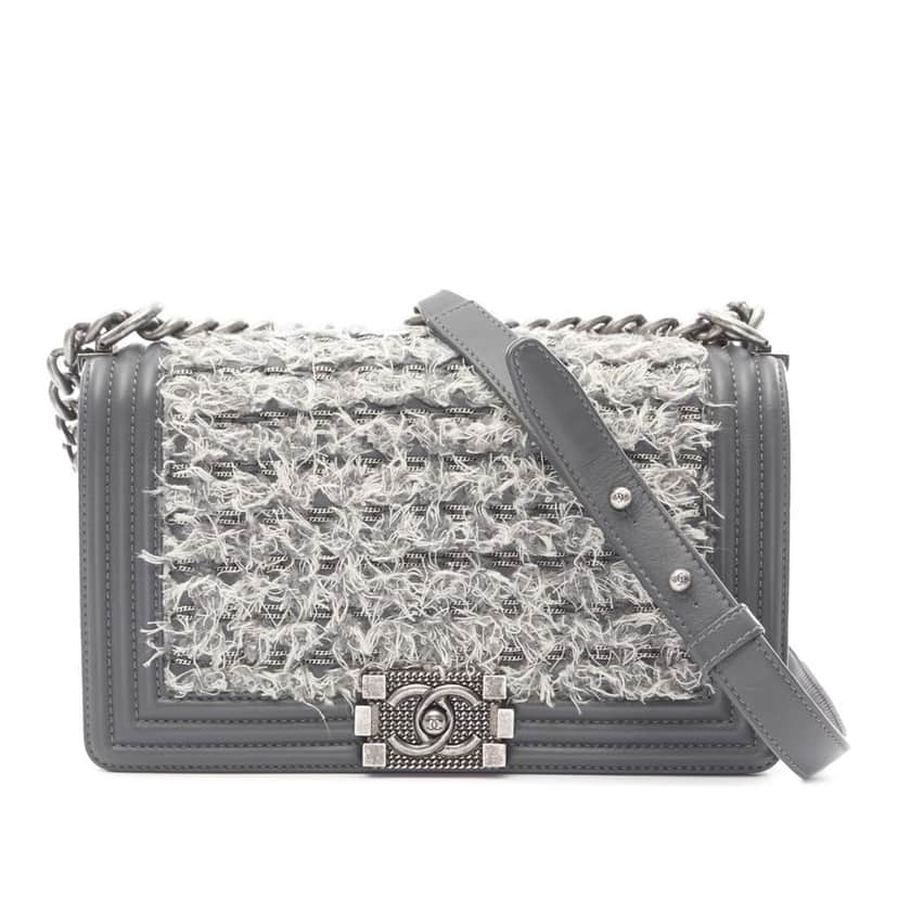 Chanel Old Medium Braided Tweed and Calfskin Boy Flap Grey Tweed Good condition - Front View