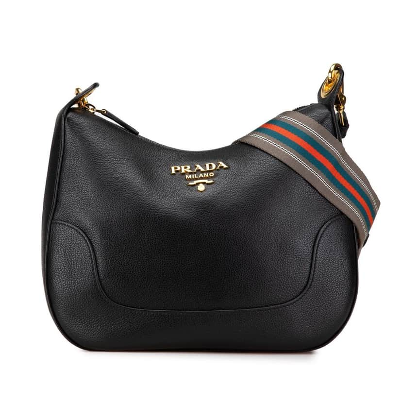 Prada Vitello Phenix Striped Strap Crossbody Black Leather Good condition - Front View
