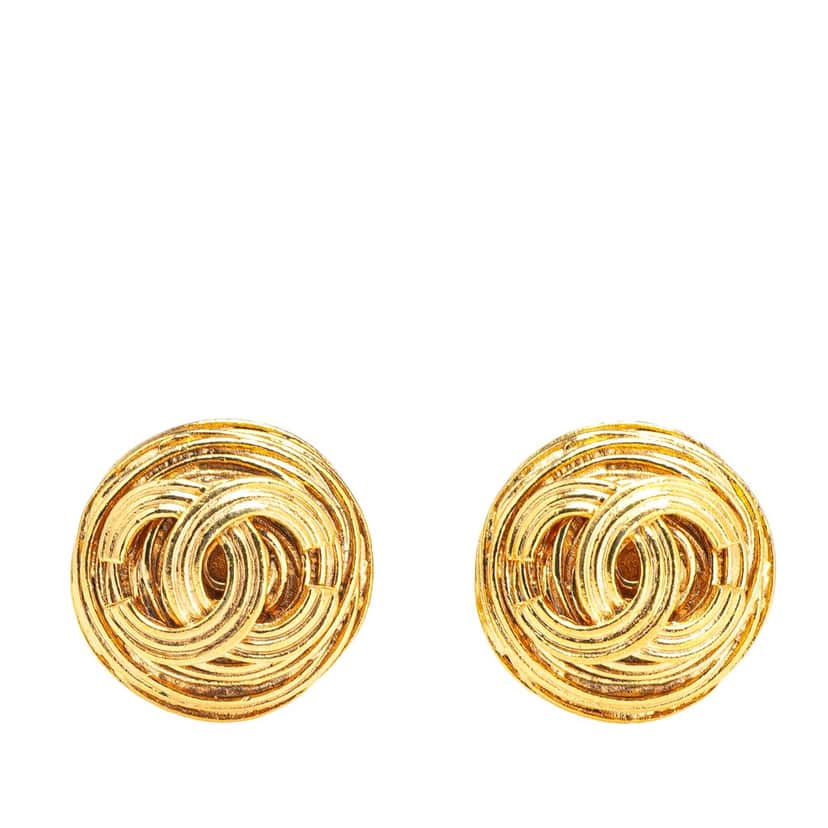 Chanel CC Gold Plated Round Clip On Earrings Gold Metal Good condition - Front View