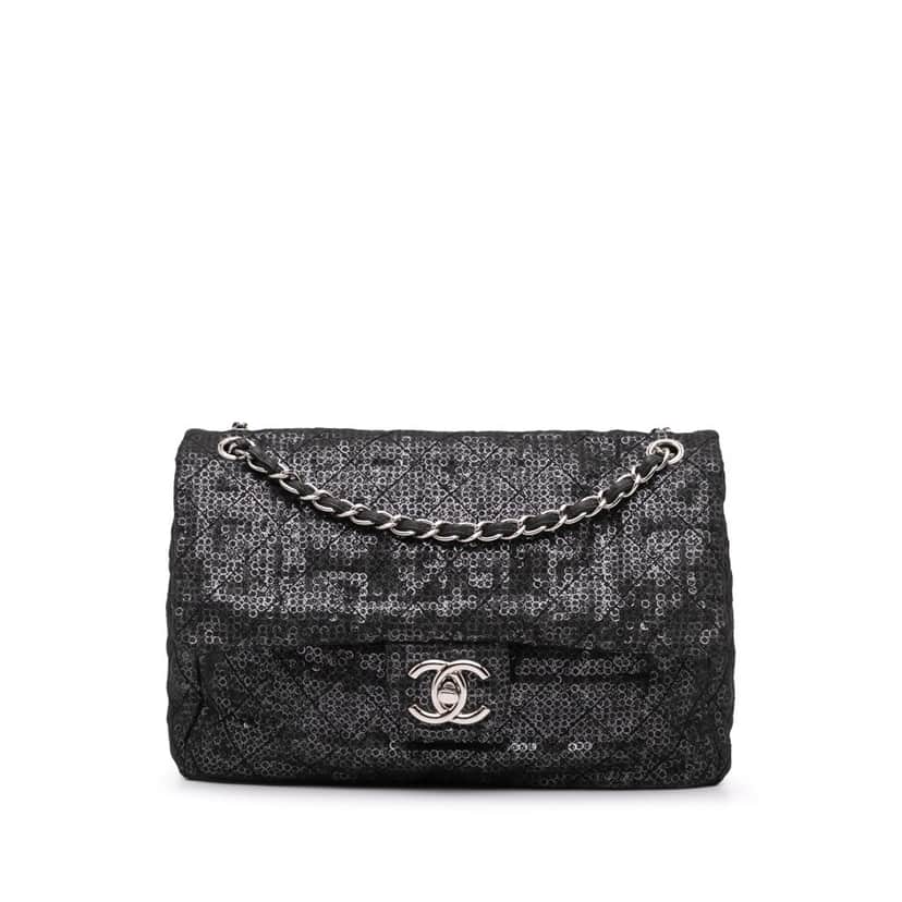 Chanel Maxi Hidden Sequins Mesh Flap Black Polyester Good condition - Front View