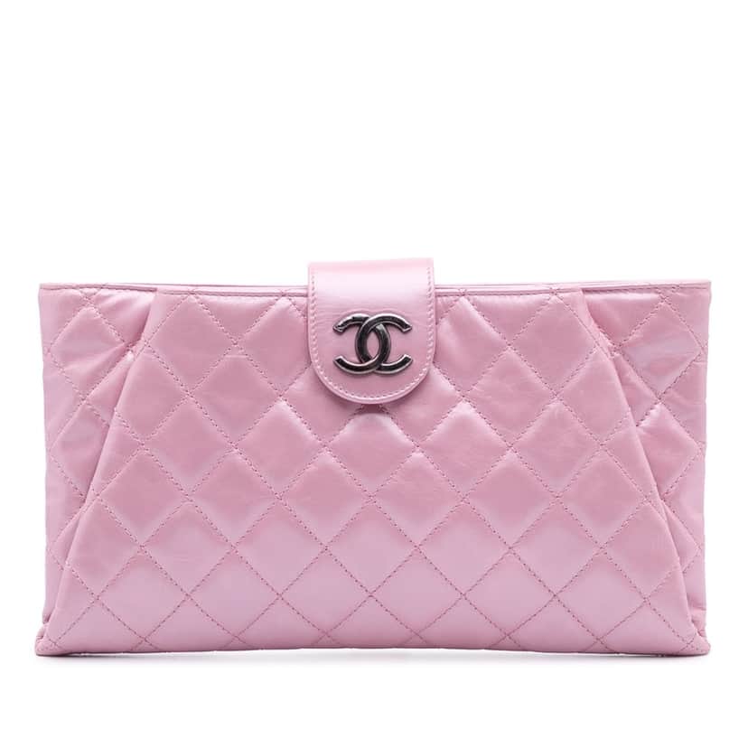 Chanel Quilted Glazed Calfskin Coco Pleats Clutch Pink Leather Good condition - Front View