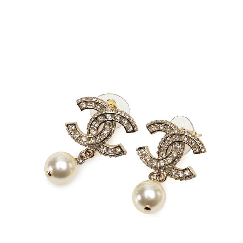 Chanel Gold Plated CC Rhinestones Pearl Drop Push Back Earrings Gold Metal Good condition - Front View