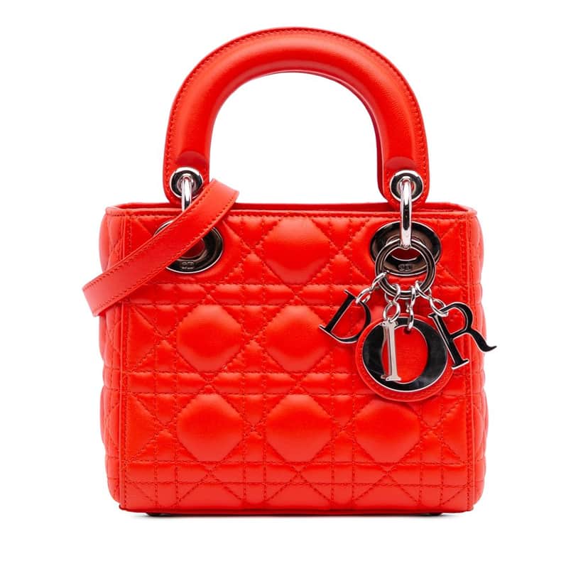 Dior Mini Lambskin Cannage Lady Dior Orange Leather Good condition - Front View