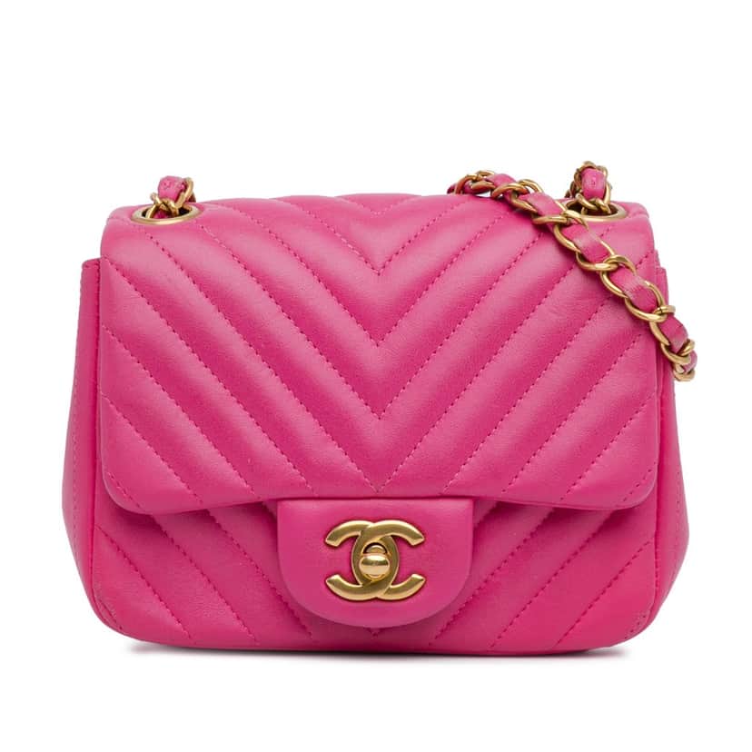 Chanel Mini Square Classic Chevron Lambskin Single Flap Pink Leather Good condition - Front View