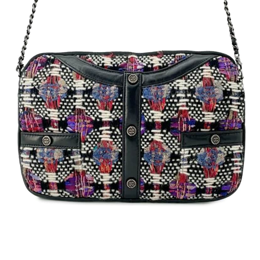 Chanel Small Tweed and Lambskin Girl Clutch on Chain Black Tweed Good condition - Front View