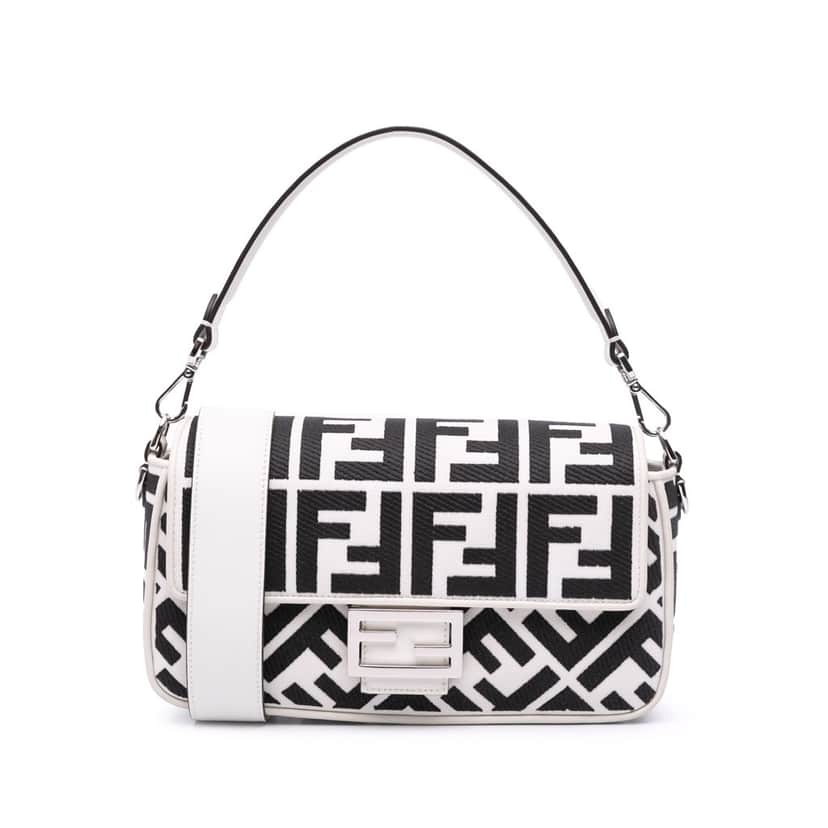 Fendi Zucca Embroidered Canvas Baguette Satchel White Canvas Very good condition - Front View