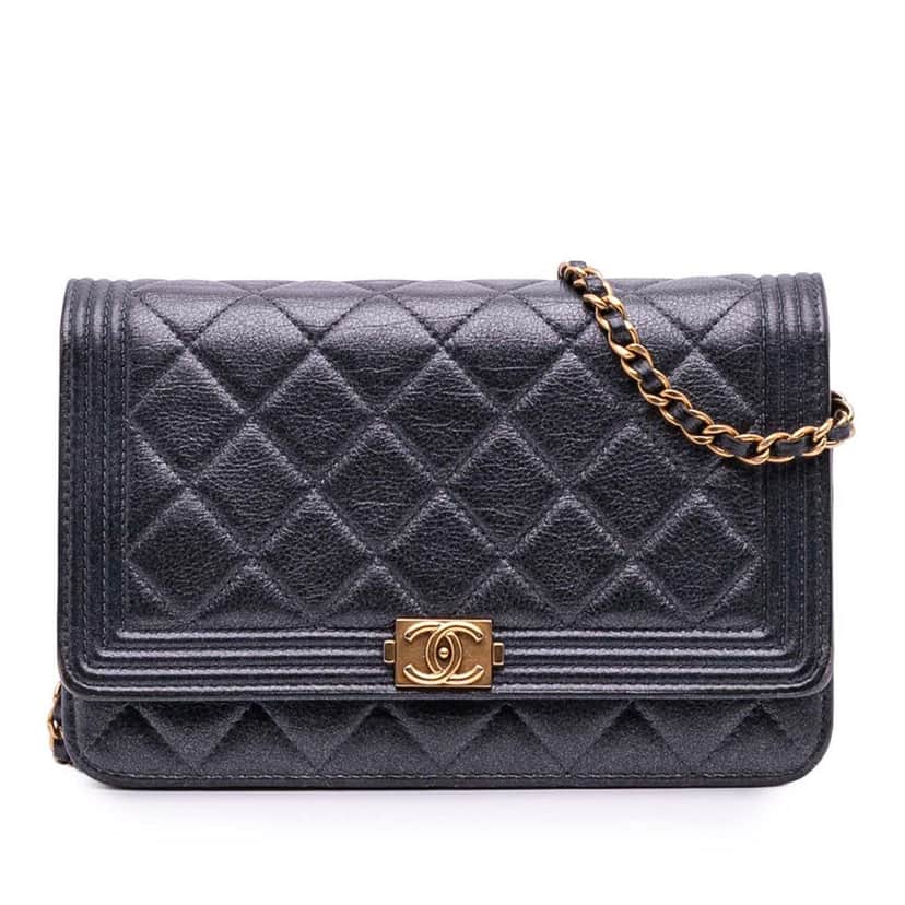 Chanel Quilted Lambskin Boy Wallet On Chain Black Leather Good condition - Front View
